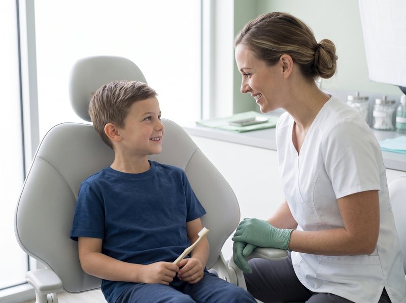 Criança sorrindo com escova de dentes na mão, ao lado da dentista agachada na altura dela