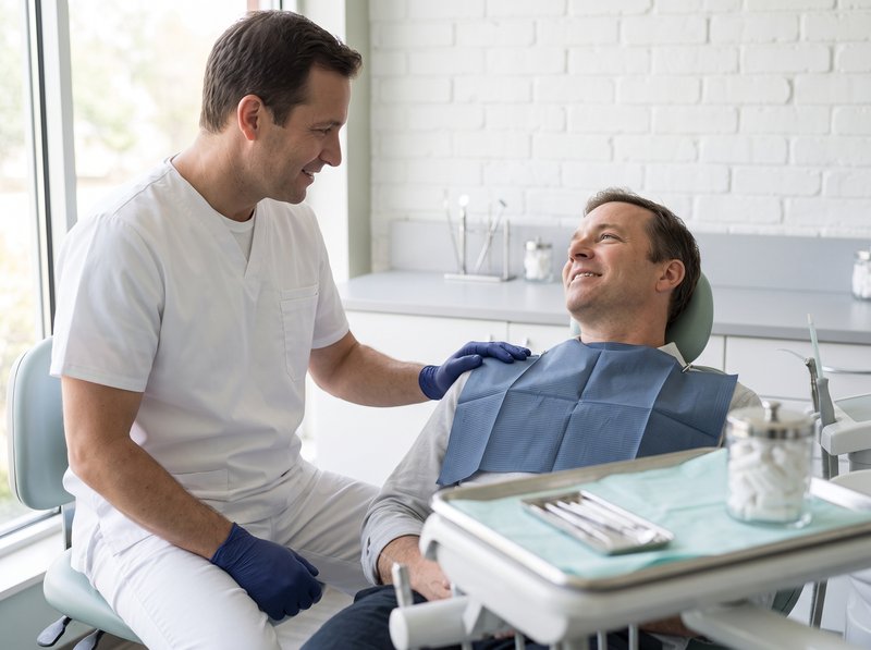 Dentista com a mão no ombro de um paciente reclinado, conversando antes do atendimento