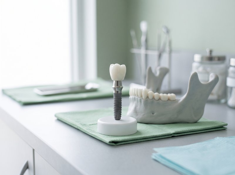 Implante dentário com coroa ao lado de um modelo anatômico de mandíbula