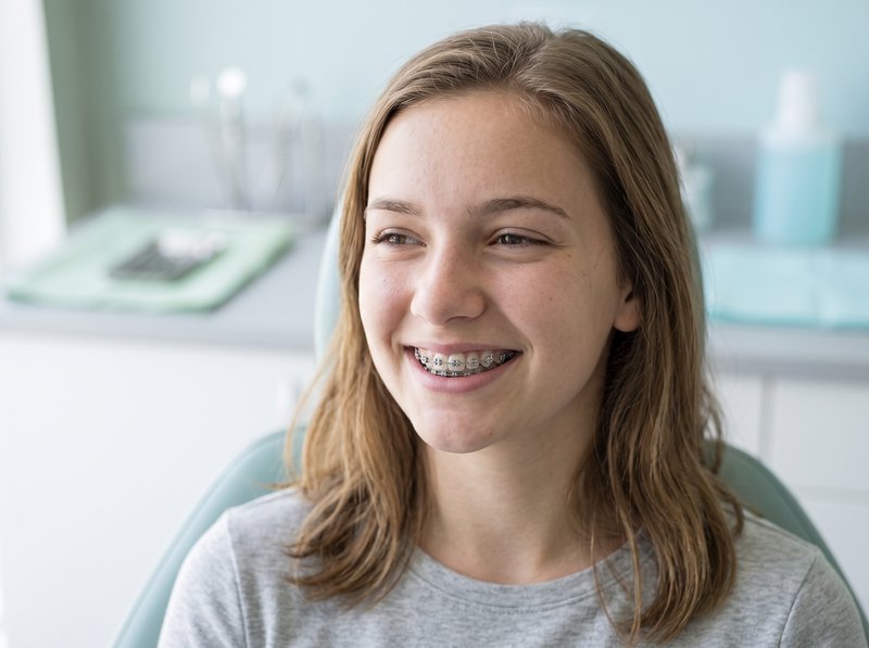 Adolescente sorrindo com aparelho ortodôntico na cadeira do dentista